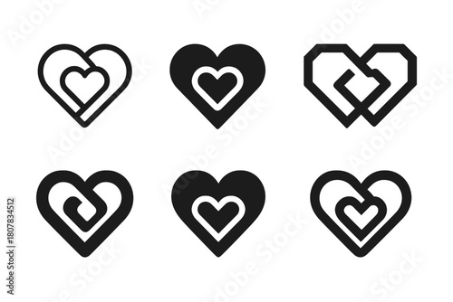 Intertwined Heart Logos. Deep connection. Icon set. Set Logo of deep connection: intertwined hearts. harmonious logo variations of the same emblematic concept,
