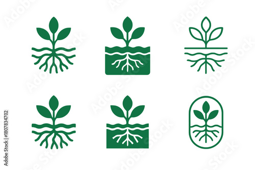 Eco-Irrigation Logo Set. Eco-friendly irrigation. Icon set. Set Logo of eco-friendly irrigation: plant roots absorbing water lines. harmonious logo variations