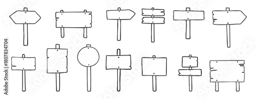 Road direction sign doodle set wooden signboard travel 