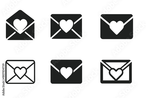 Heart Envelope Icons. Distance in relationship. Icon set. Set Logo of distance in relationship: envelope with heart inside. harmonious logo variations of the