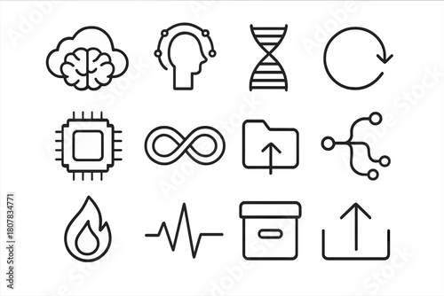 Digital Immortality Icons. Digital immortality. Line icon set of digital immortality: brain in cloud, circuit halo, DNA strand, energy loop, memory chip,