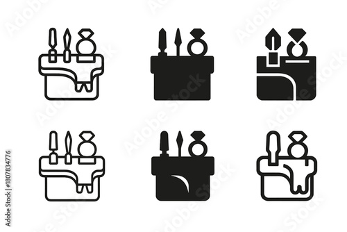 Jewelry Design Logos. Creating jewelry. Icon set. Set Logo of creating jewelry: jeweler?s workbench with tools and ring mold. harmonious logo variations of the