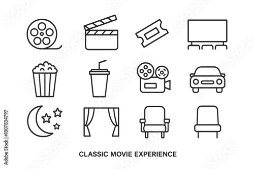 Classic Movie Icons. Classic Movie Experience. Line icon set of Classic Movie Experience: film reel, clapperboard, ticket, screen, popcorn, soda, projector,