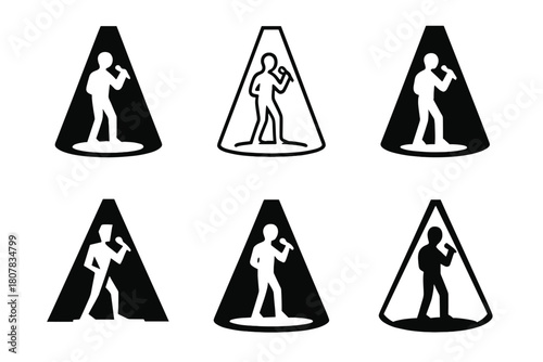 Singer Spotlight Logos. Singer in spotlight. Icon set. Set Logo of singer in spotlight: dramatic light and stage presence. harmonious logo variations of the