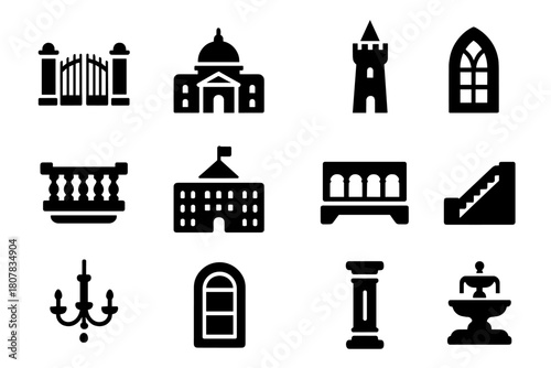 Palace Icons Set. Palace. Solid icon set of Palace: grand gate, palace dome, royal tower, arched window, balcony, flag on roof, courtyard, staircase,