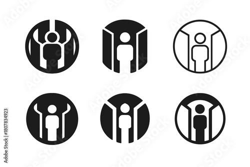Emblematic Wall Designs. Wall of depression closing in around a figure. Icon set. Set Logo of wall of depression closing in around a figure: circular barrier