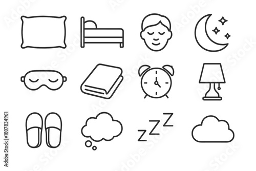 Sleep Icon Set. Sleep and Rest. Line icon set of Sleep and Rest: pillow, bed, sleeping face, moon, stars, eye mask, blanket, clock, night lamp, slippers, dream