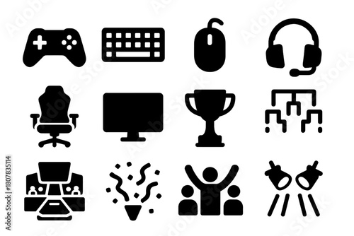 Esports Icons Collection. Competing in an Esports Tournament. Solid icon set of Competing in an Esports Tournament: gaming controller, keyboard, mouse,