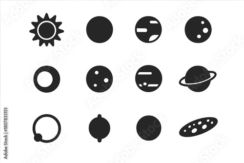 Solar System Icons. Solar system. Solid icon set of Solar system: sun, mercury, venus, earth, moon, mars, jupiter, saturn, uranus, neptune, orbit line,