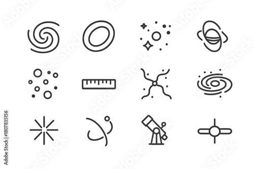 Galactic Icon Set. Galaxies and clusters. Line icon set of galaxies and clusters: spiral galaxy, elliptical galaxy, irregular galaxy, galactic core, cluster