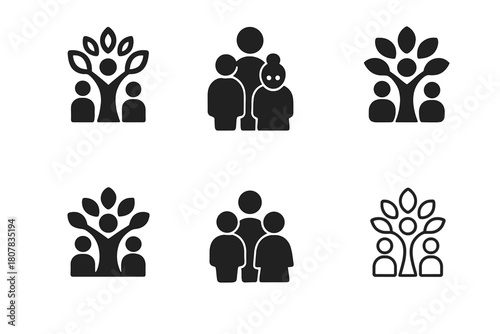 Generations Tree Logos. Kids with their grandparents and elderly family members. Icon set. Set Logo of family connection: generations tree symbol. harmonious