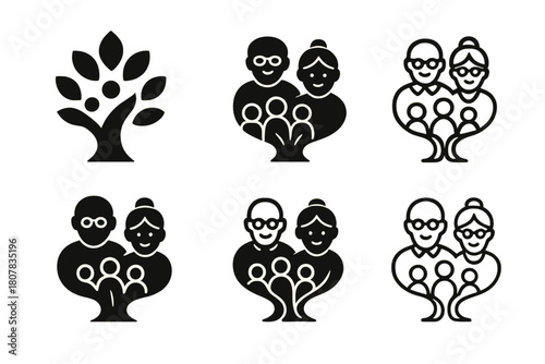 Generations Tree Logos. Kids with their grandparents and elderly family members. Icon set. Set Logo of family connection: generations tree symbol. harmonious