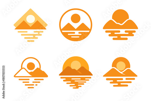 Golden Hour Logos. Photography of landscapes during golden hour. Icon set. Set Logo of Photography of landscapes during golden hour: camera with sun rays.