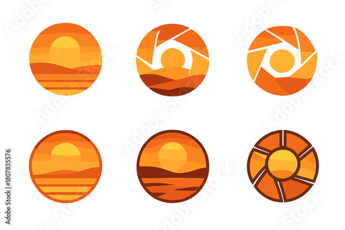 Golden Hour Logos. Photography of landscapes during golden hour. Icon set. Set Logo of Photography of landscapes during golden hour: camera with sun rays.