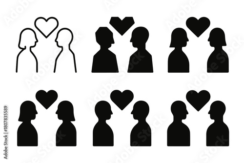 Goodbye Moments Icons. First date experiences. Icon set. Set Logo of goodbye moment: two silhouettes parting with heart symbol. harmonious logo variations of