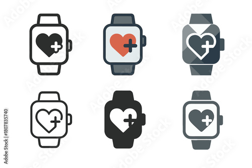 Health Management Icons. Chronic disease management and health support. Icon set. Set Logo of Chronic disease management and health support: smartwatch health