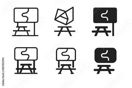 Highway Rest Stop Icons. Highway rest stop scene. Icon set. Set Logo of Highway rest stop scene: highway view with parked RV. harmonious logo variations of the