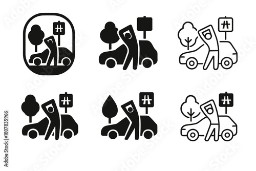 Highway Rest Stop Logos. Highway rest stop scene. Icon set. Set Logo of Highway rest stop scene: parked cars under streetlights. harmonious logo variations of