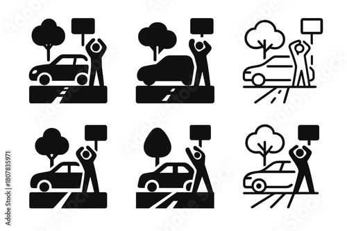 Highway Rest Stop Logos. Highway rest stop scene. Icon set. Set Logo of Highway rest stop scene: parked cars under streetlights. harmonious logo variations of