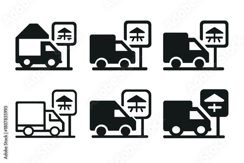 Highway Rest Stop Logos. Highway rest stop scene. Icon set. Set Logo of Highway rest stop scene: parked cars under streetlights. harmonious logo variations of
