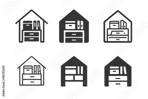 Home Storage Icons. Home storage solutions. Icon set. Set Logo of home storage: stackable boxes. harmonious logo variations of the same emblematic concept,