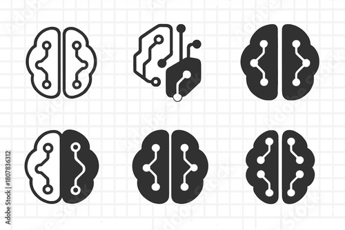 Innovative Learning Icons. Online Workshops. Icon set. Set Logo of innovation learning: brain with circuits. harmonious logo variations of the same emblematic