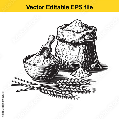 Handdrawn illustration of a sack of flour, a bowl with flour and a scoop, and wheat ears isolated on vintage style drawing