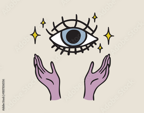Hands supporting flying all seeing eye, boho mystical witchy hand drawn style