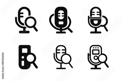 Investigative Logos Grid. Investigative reporting. Icon set. Set Logo of investigative reporting: voice recorder device. harmonious logo variations of the same