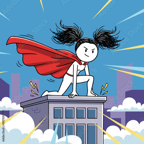 Cartoon girl superhero posing on rooftop with red cape and confidence illustration in a child's doodle style 