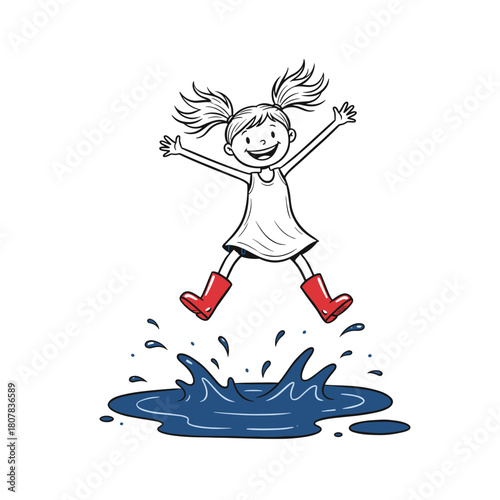 Happy girl jumping in puddle wearing red boots illustration in a child's doodle style  