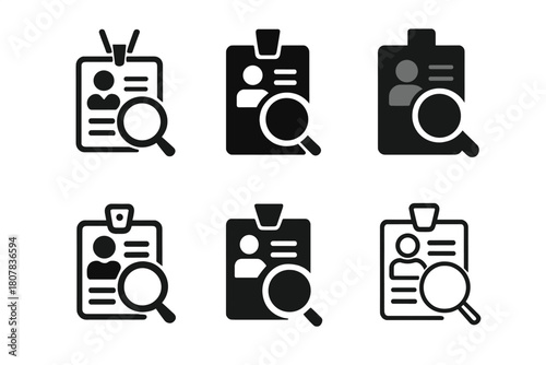 Investigative Reporting Icons. Investigative reporting. Icon set. Set Logo of investigative reporting: magnifying glass over document. harmonious