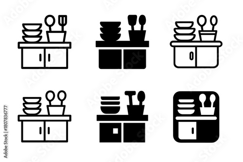 Kitchen Organization Logos. Organizing the kitchen after dinner. Icon set. Set Logo of kitchen organization: clean sink and sponge. harmonious logo variations
