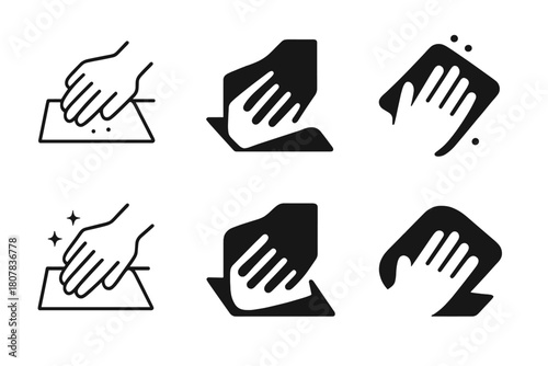 Kitchen Organization Icons. Organizing the kitchen after dinner. Icon set. Set Logo of kitchen organization: hands wiping counter. harmonious logo variations