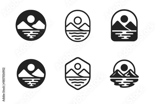 Lake Logo Variations. Freshwater lakes with crystal-clear water. Icon set. Set Logo of reflection beauty: mirrored trees in still water. harmonious logo