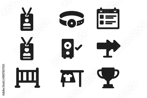 Festival Buskers Icons. Festival Buskers. Solid icon set of Festival Buskers: stage pass, wristband, main gate, schedule board, volunteer badge, soundcheck