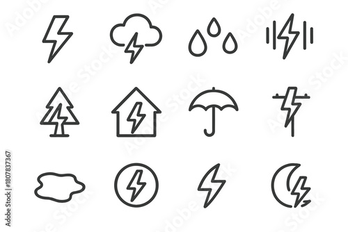Lightning Icon Set. Lightning strike. Icon set. Set Logo of lightning strike: bolt hitting ground. harmonious logo variations of the same emblematic concept,