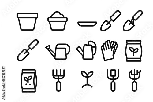 Gardening Tools Icon Set. Gardening pot. Line icon set of Gardening pot: plant pot, soil, saucer, trowel, shovel, watering can, gardening gloves, seeds packet,