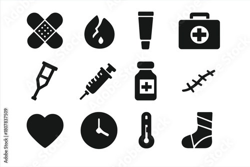 Wound Care Icons. Wound care. Solid icon set of Wound care: bandage, wound, ointment tube, first aid kit, crutch, syringe, medicine bottle, scar, heart, clock,