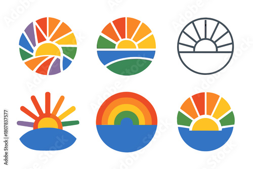 Radiant Pride Icons. Pride. Icon set. Set Logo of pride: radiating rainbow sun. harmonious logo variations of the same emblematic concept, each with different