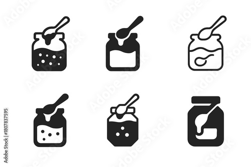 Homemade Jam Logos. Making your own homemade jam. Icon set. Set Logo of Homemade Jam: glass jar filled with jam and a fruit label. harmonious logo variations