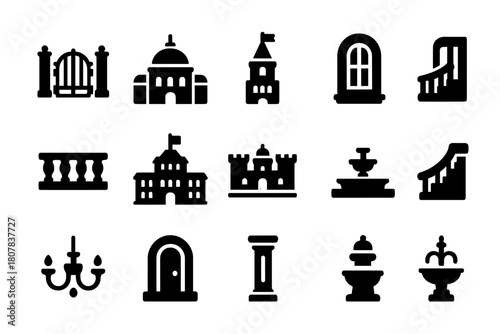 Palace Icon Grid. Palace. Solid icon set of Palace: grand gate, palace dome, royal tower, arched window, balcony, flag on roof, courtyard, staircase,