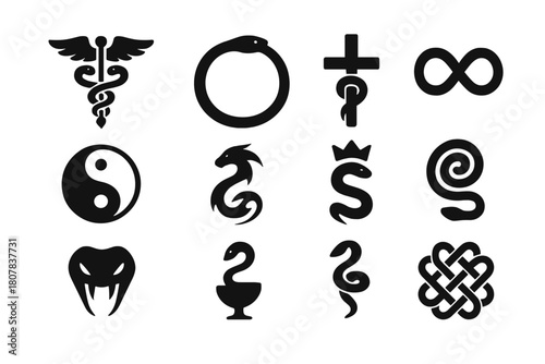 Snake Symbol Icons. Snake Symbols. Solid icon set of Snake Symbols: caduceus, ouroboros ring, serpent cross, infinity coil, yin yang snake, tribal snake, crown