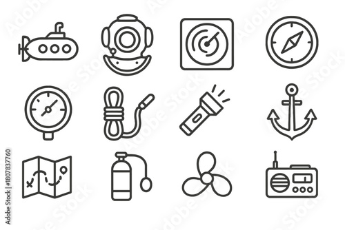 Sea Exploration Icons. Sea exploration tools. Line icon set of sea exploration tools: submarine, diving helmet, sonar, compass, pressure gauge, rope,
