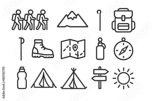 Hiking Icon Set. Hiking expedition. Line icon set of Hiking expedition: group of hikers, mountain, backpack, walking stick, hiking boots, map, compass, water