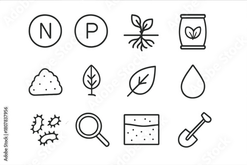 Soil Nutrient Icons. Soil nutrients. Line icon set of Soil nutrients: nitrogen symbol, phosphorus symbol, potassium symbol, fertilizer bag, compost, plant