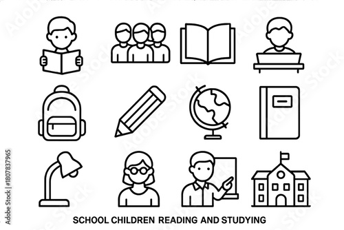 School Icons Collection. School Children Reading and Studying. Line icon set of School Children Reading and Studying: child reading book, group of students,