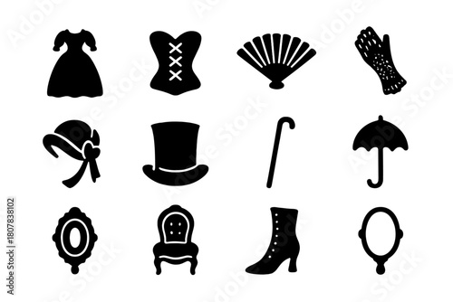 Victorian Style Icons. Victorian style. Solid icon set of Victorian style: gown, corset, fan, lace glove, bonnet, top hat, cane, parasol, brooch, chair, boot,