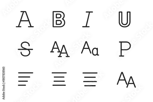 Font Style Icons. Font styles. Line icon set of Font styles: font style, bold text, italic text, underline, strikethrough, uppercase letter, lowercase letter,