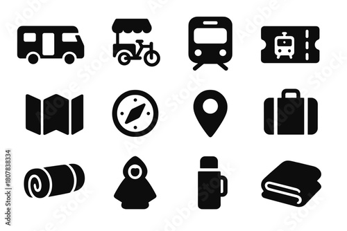 Traveling Buskers Icons. Traveling Buskers. Solid icon set of Traveling Buskers: camper van, bicycle cart, subway train, tram ticket, map, compass, street pin,